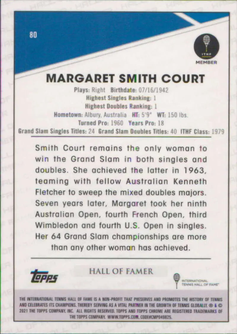 2021 Topps Chrome #80 Margaret Smith Court EX Excellent Tennis Card - Other