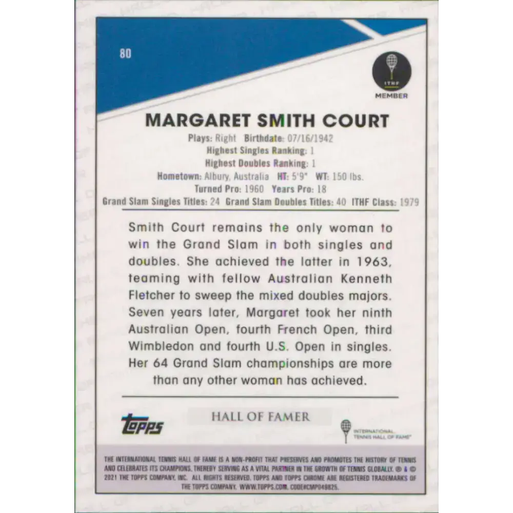 2021 Topps Chrome #80 Margaret Smith Court NM-MT Tennis Card - Other