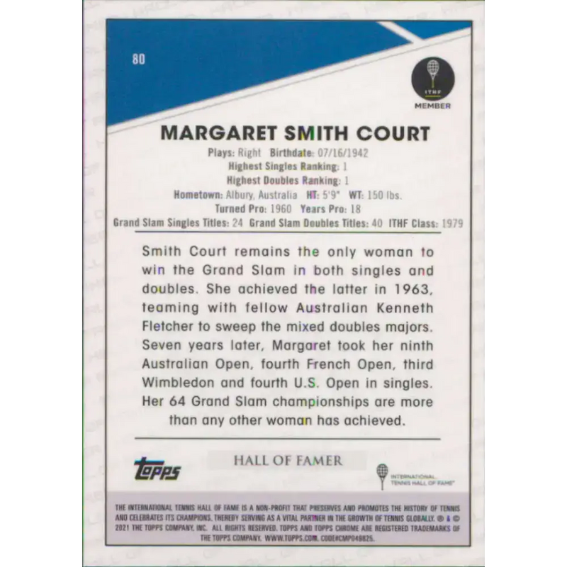 2021 Topps Chrome #80 Margaret Smith Court NM-MT Tennis Card - Other