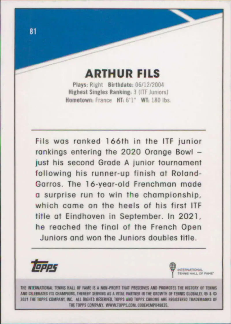 2021 Topps Chrome #81 Arthur Fils EX Excellent Tennis Card - Other