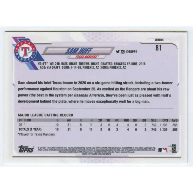 2021 Topps Chrome #81 Sam Huff NM-MT RC Rookie Texas Rangers Baseball Card - Baseball Card Single