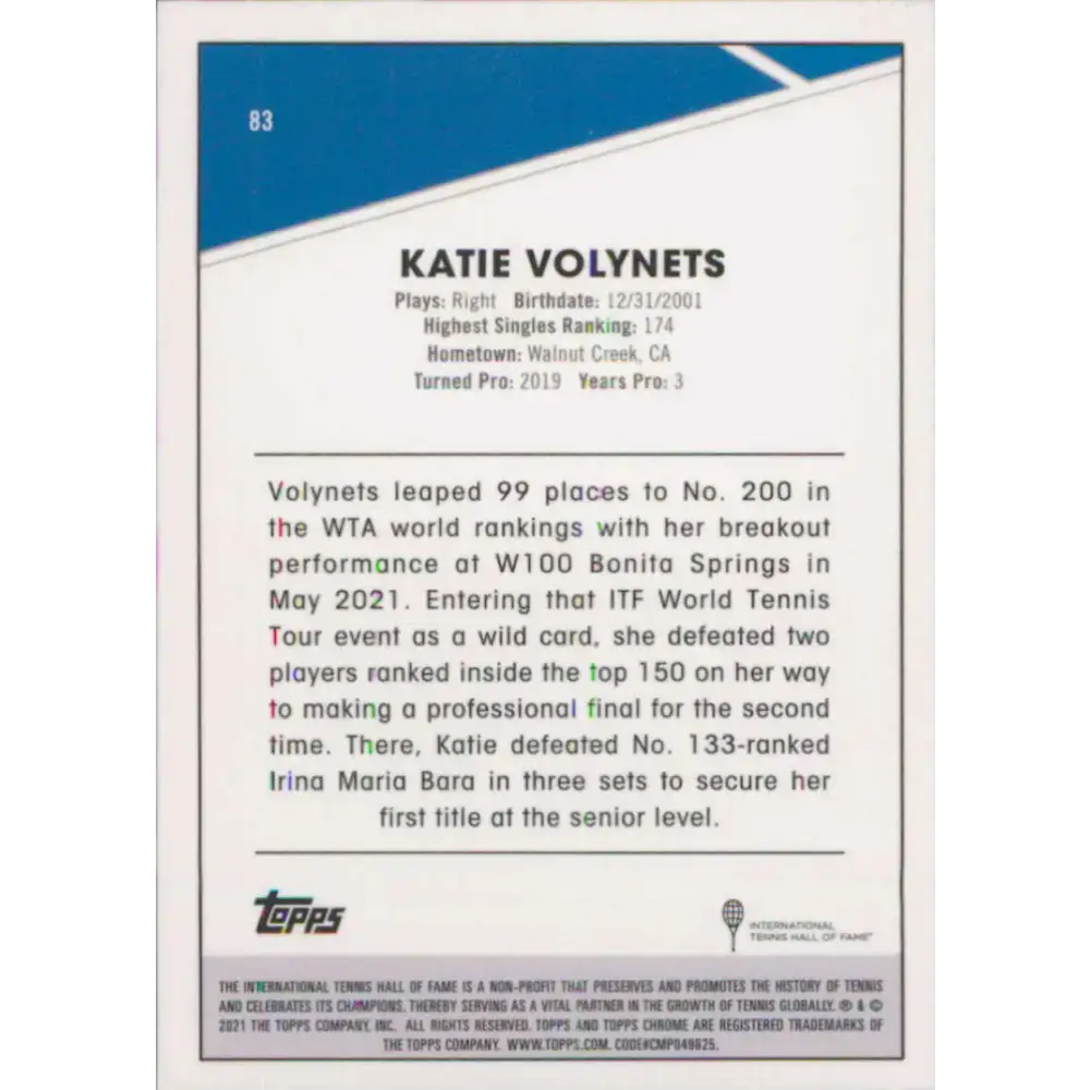 2021 Topps Chrome #83 Katie Volynets NM-MT Tennis Card - Other