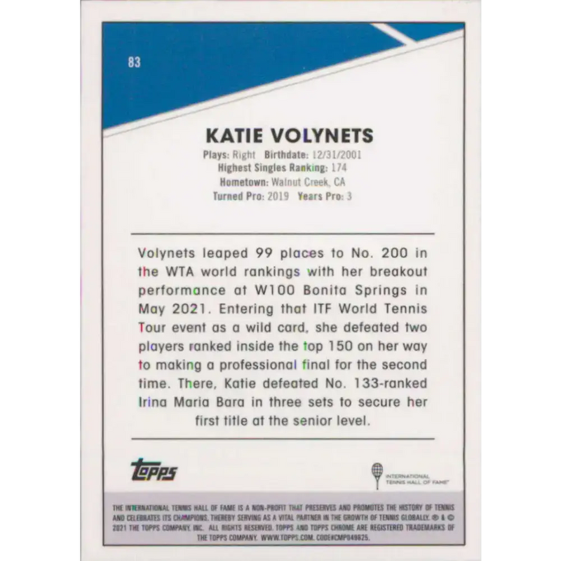 2021 Topps Chrome #83 Katie Volynets NM-MT Tennis Card - Other