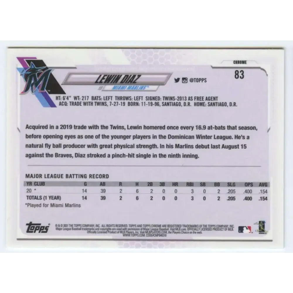 2021 Topps Chrome #83 Lewin Diaz NM-MT RC Rookie Miami Marlins Baseball Card - Baseball Card Single