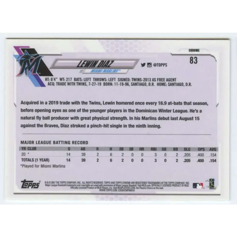 2021 Topps Chrome #83 Lewin Diaz NM-MT RC Rookie Miami Marlins Baseball Card - Baseball Card Single