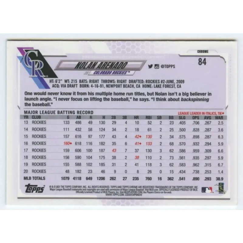 2021 Topps Chrome #84 Nolan Arenado NM-MT Colorado Rockies Baseball Card - Baseball Card Single