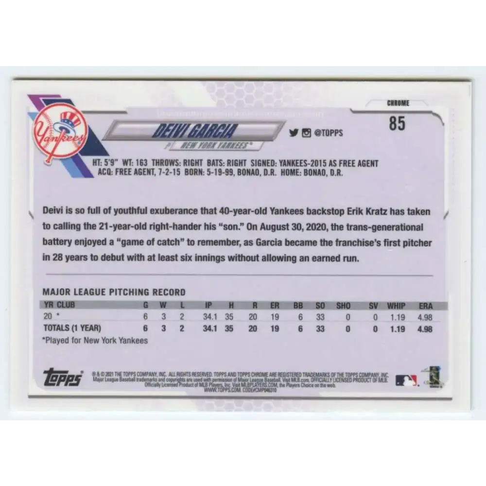 2021 Topps Chrome #85 Deivi Garcia NM-MT RC Rookie New York Yankees Baseball Card - Baseball Card Single