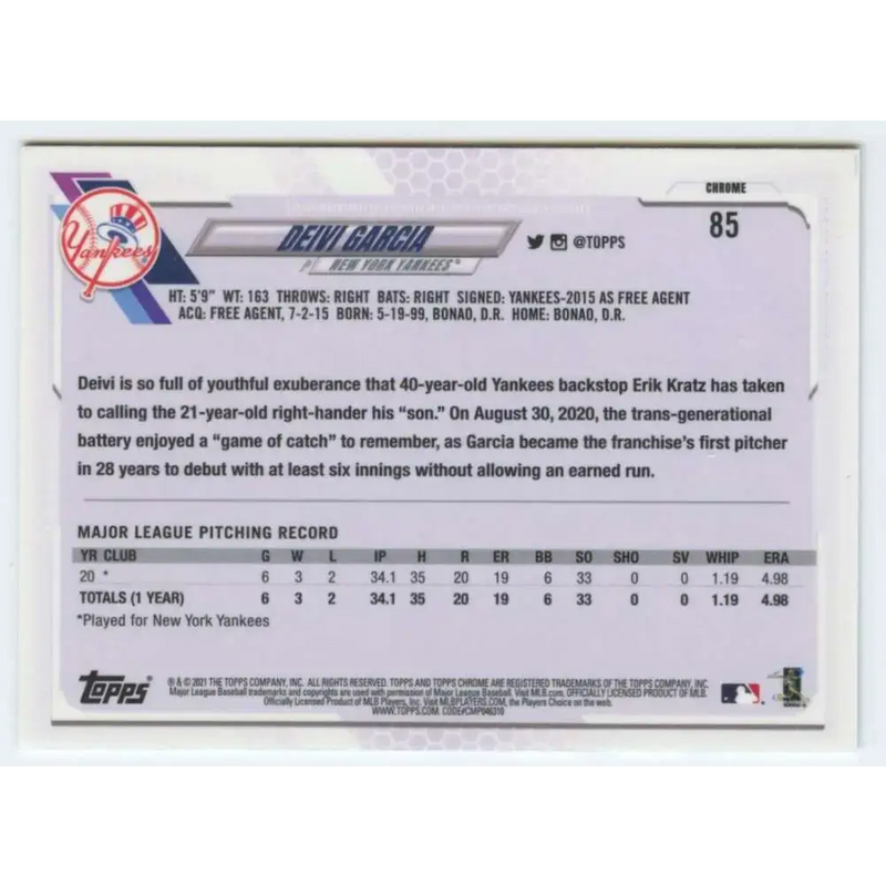 2021 Topps Chrome #85 Deivi Garcia NM-MT RC Rookie New York Yankees Baseball Card - Baseball Card Single