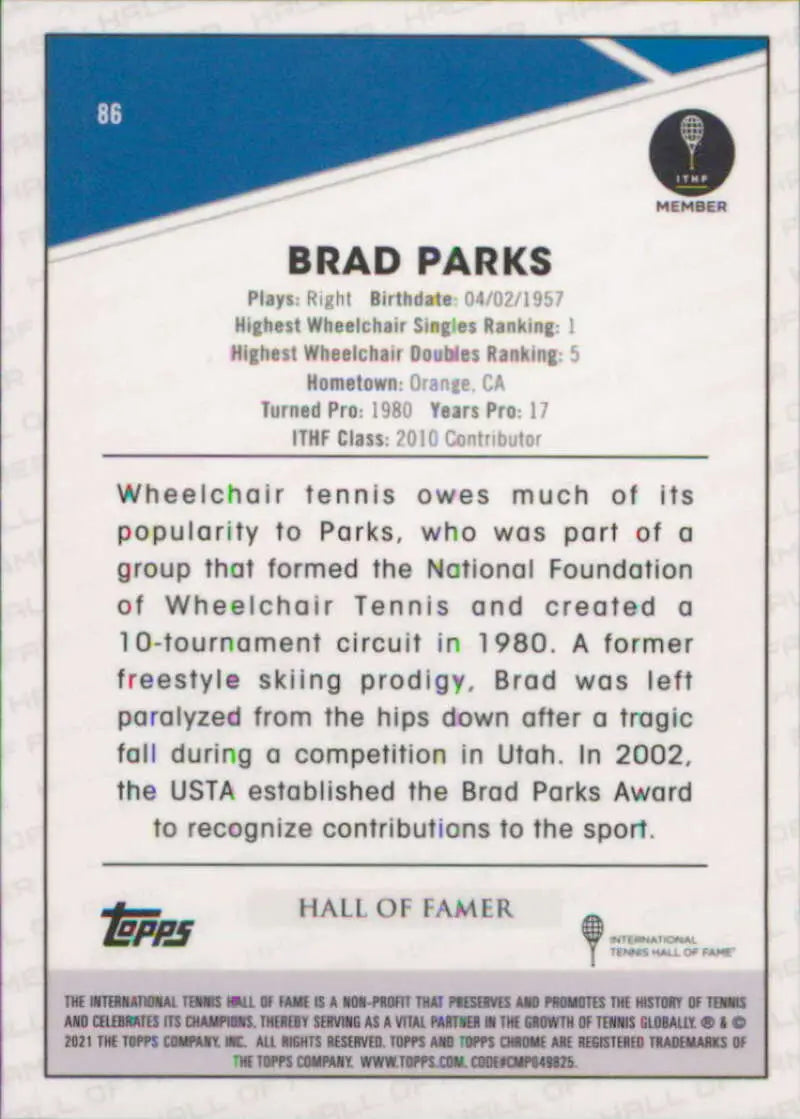 2021 Topps Chrome #86 Brad Parks EX Excellent Tennis Card - Other