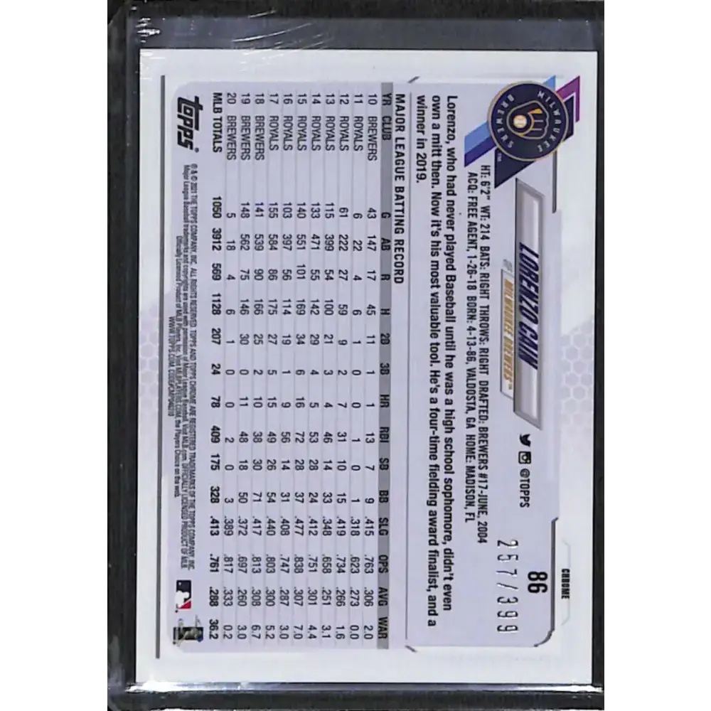 2021 Topps Chrome #86 Lorenzo Cain Magenta Refractor #/399 NM-MT Baseball Card - Baseball Card Single