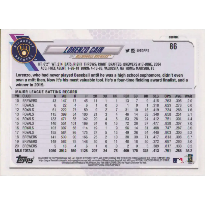 2021 Topps Chrome #86 Lorenzo Cain NM-MT Milwaukee Brewers Baseball Card - Baseball Card Single