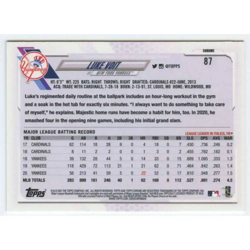 2021 Topps Chrome #87 Luke Voit NM-MT New York Yankees Baseball Card - Baseball Card Single