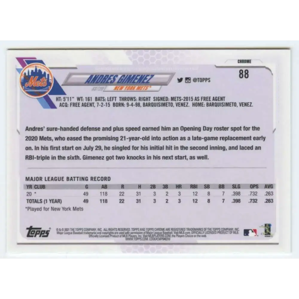 2021 Topps Chrome #88 Andres Gimenez NM-MT RC Rookie New York Mets Baseball Card - Baseball Card Single