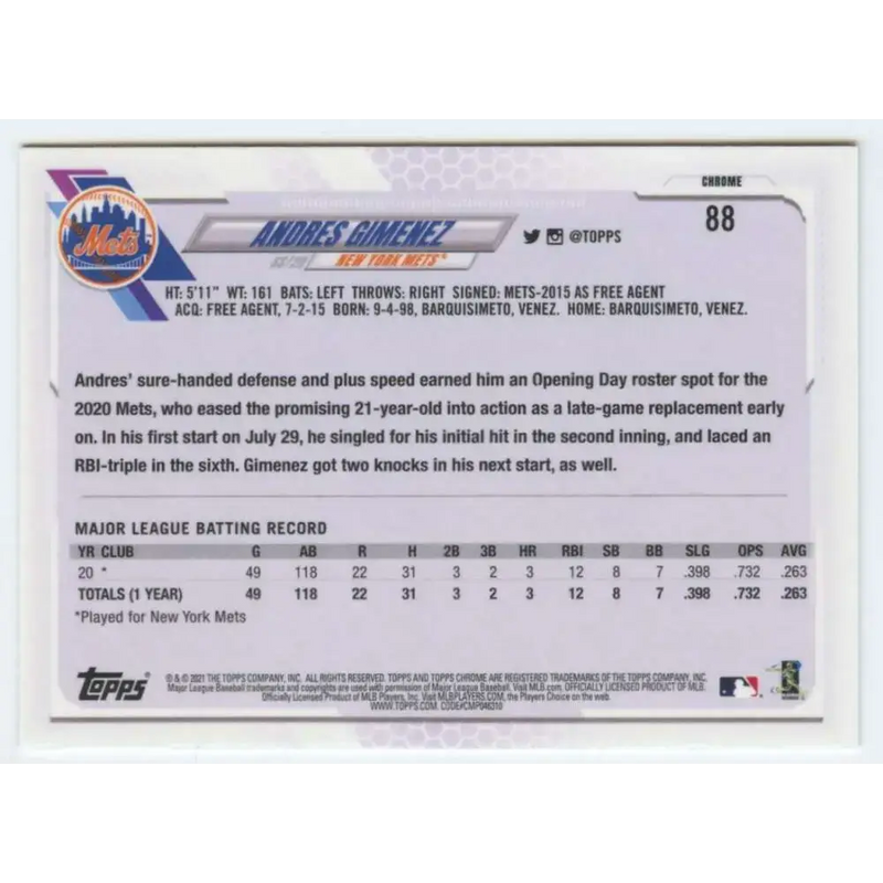 2021 Topps Chrome #88 Andres Gimenez NM-MT RC Rookie New York Mets Baseball Card - Baseball Card Single