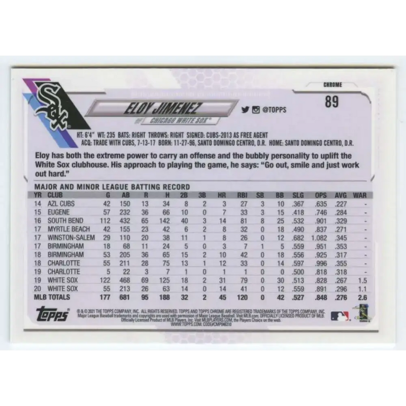 2021 Topps Chrome #89 Eloy Jimenez NM-MT Chicago White Sox Baseball Card - Baseball Card Single