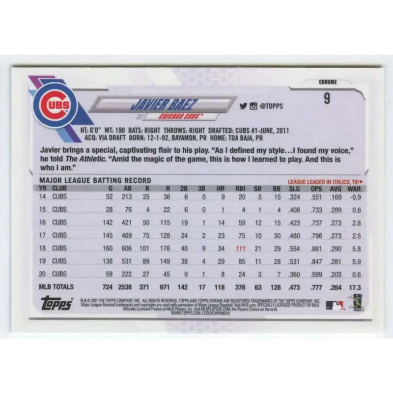 2021 Topps Chrome #9 Javier Baez NM-MT Chicago Cubs Baseball Card - Baseball Card Single
