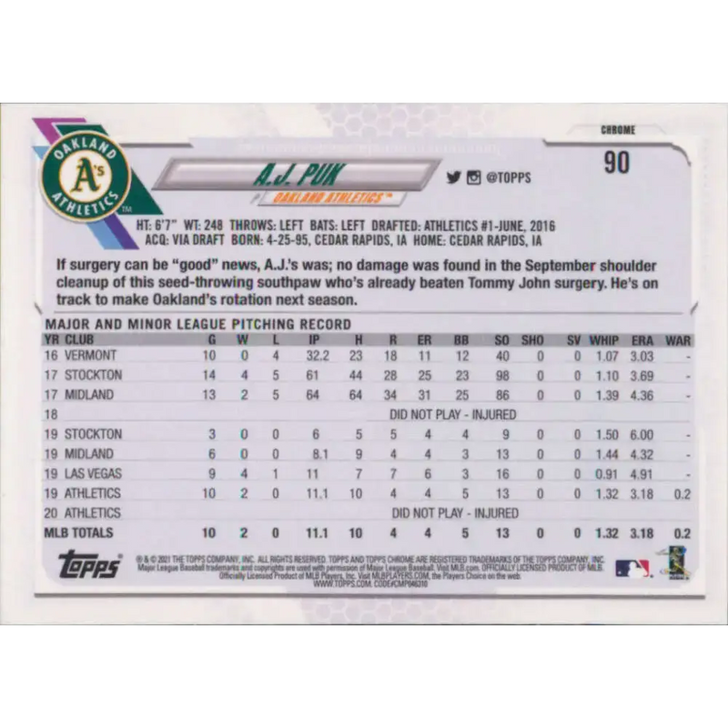 2021 Topps Chrome #90 A.J. Puk NM-MT Oakland Athletics Baseball Card - Baseball Card Single