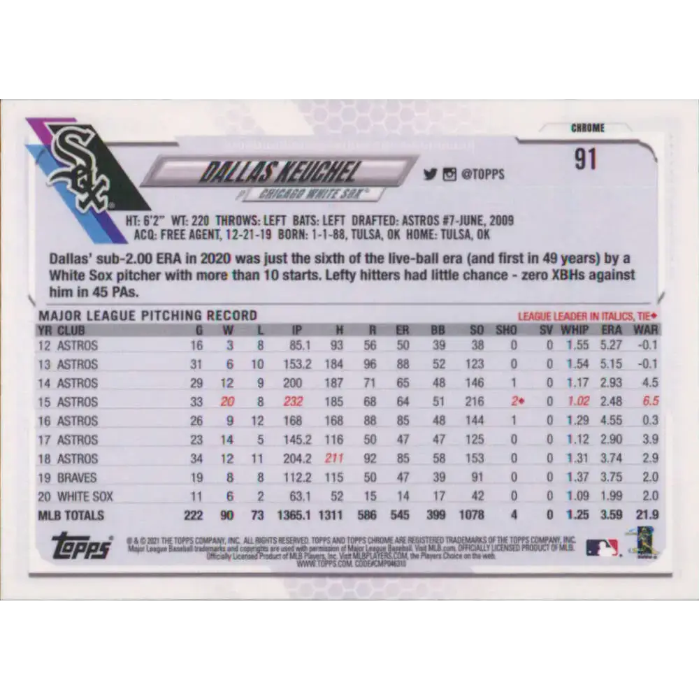 2021 Topps Chrome #91 Dallas Keuchel NM-MT Chicago White Sox Baseball Card - Baseball Card Single