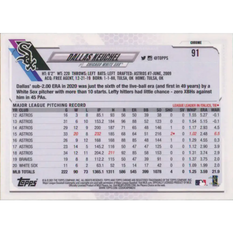2021 Topps Chrome #91 Dallas Keuchel NM-MT Chicago White Sox Baseball Card - Baseball Card Single