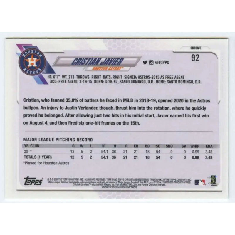 2021 Topps Chrome #92 Cristian Javier NM-MT RC Rookie Houston Astros Baseball Card - Baseball Card Single