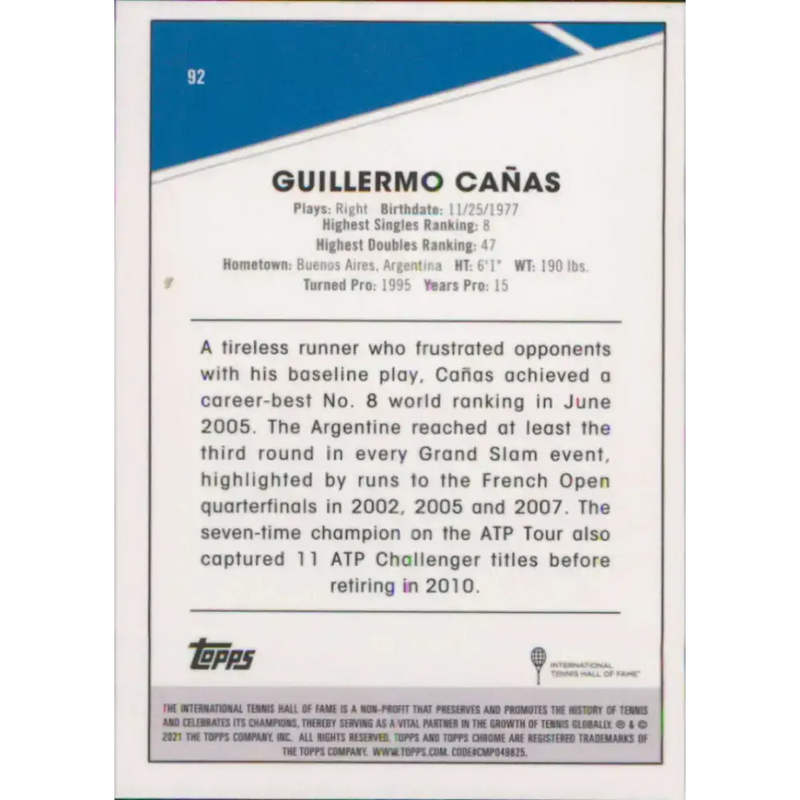 2021 Topps Chrome #92 Guillermo Canas NM-MT Tennis Card - Tennis Card Single