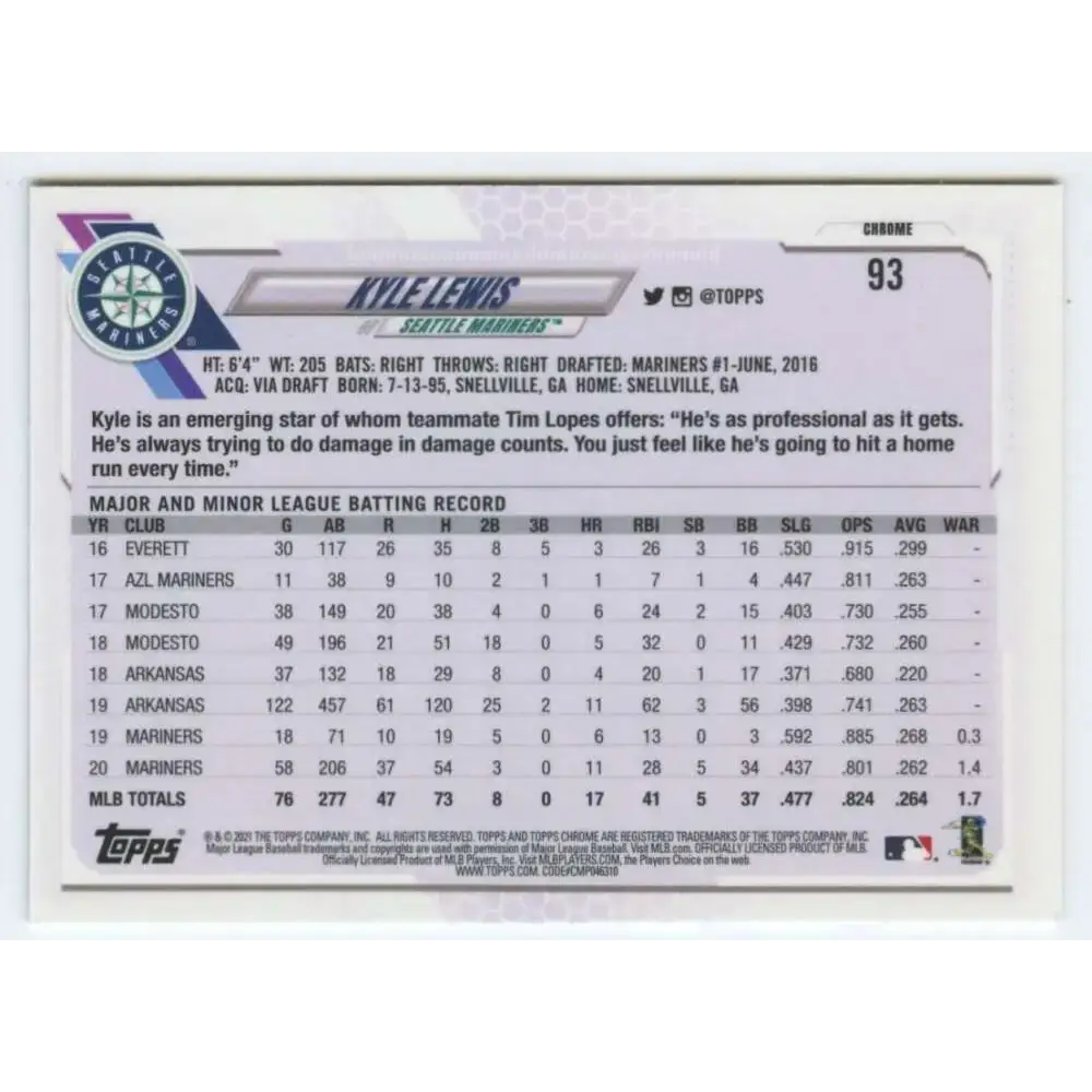 2021 Topps Chrome #93 Kyle Lewis NM-MT Seattle Mariners Baseball Card - Baseball Card Single