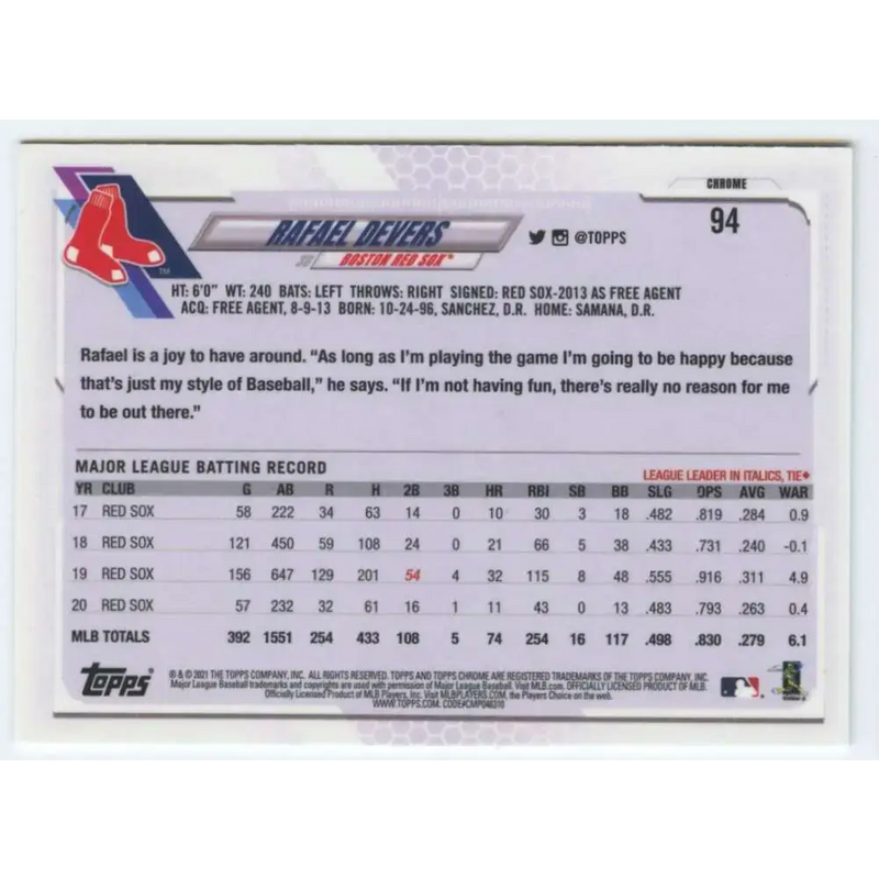 2021 Topps Chrome #94 Rafael Devers NM-MT Boston Red Sox Baseball Card - Baseball Card Single