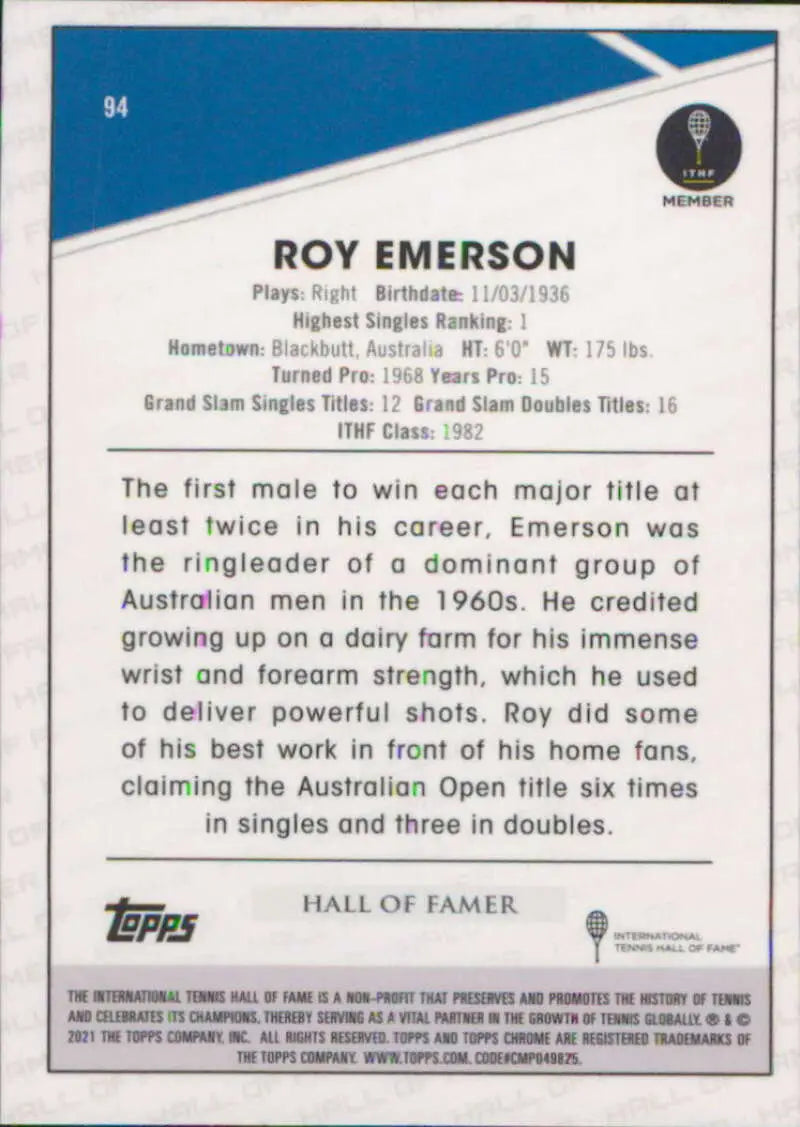 2021 Topps Chrome #94 Roy Emerson EX Excellent Tennis Card - Other