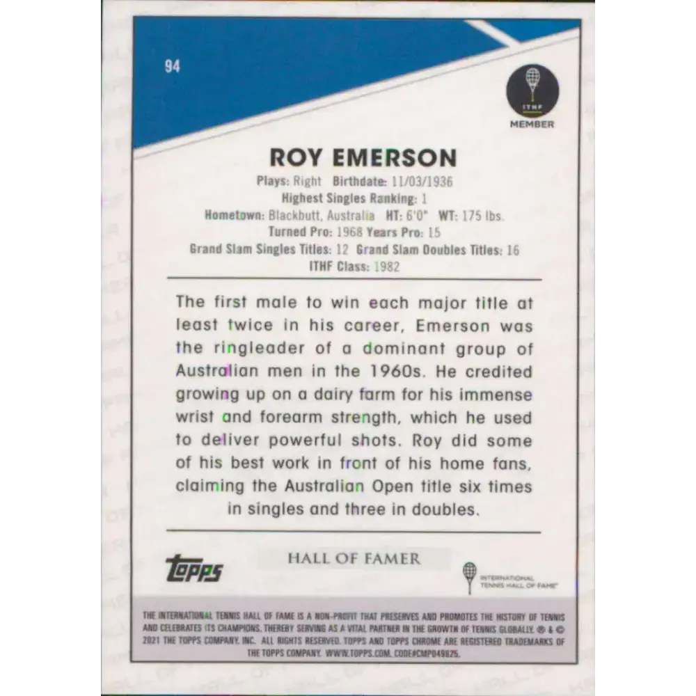 2021 Topps Chrome #94 Roy Emerson NM-MT Tennis Card - Tennis Card Single
