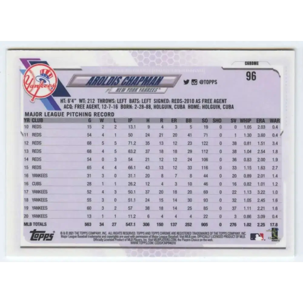 2021 Topps Chrome #96 Aroldis Chapman NM-MT New York Yankees Baseball Card - Baseball Card Single