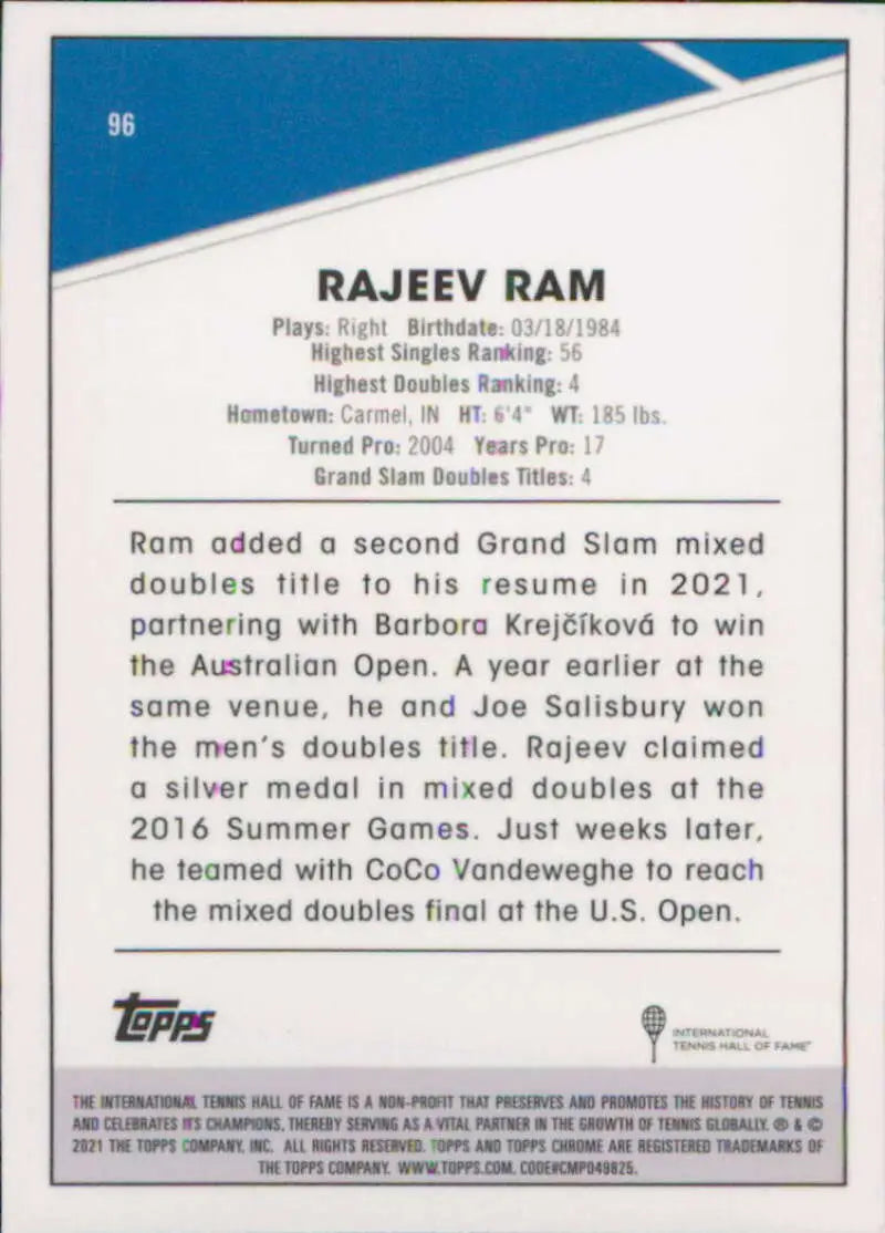 2021 Topps Chrome #96 Rajeev Ram EX Excellent Tennis Card - Other