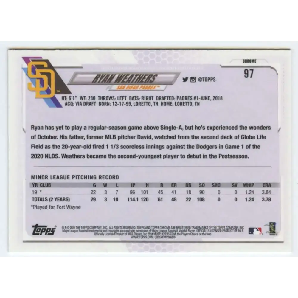 2021 Topps Chrome #97 Ryan Weathers NM-MT RC Rookie San Diego Padres Baseball Card - Baseball Card Single