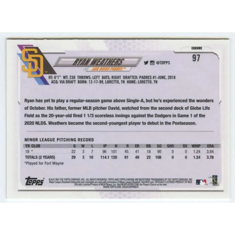 2021 Topps Chrome #97 Ryan Weathers NM-MT RC Rookie San Diego Padres Baseball Card - Baseball Card Single