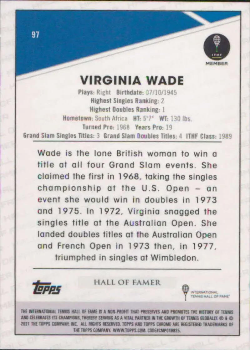 2021 Topps Chrome #97 Virginia Wade EX Excellent Tennis Card - Tennis Card Single