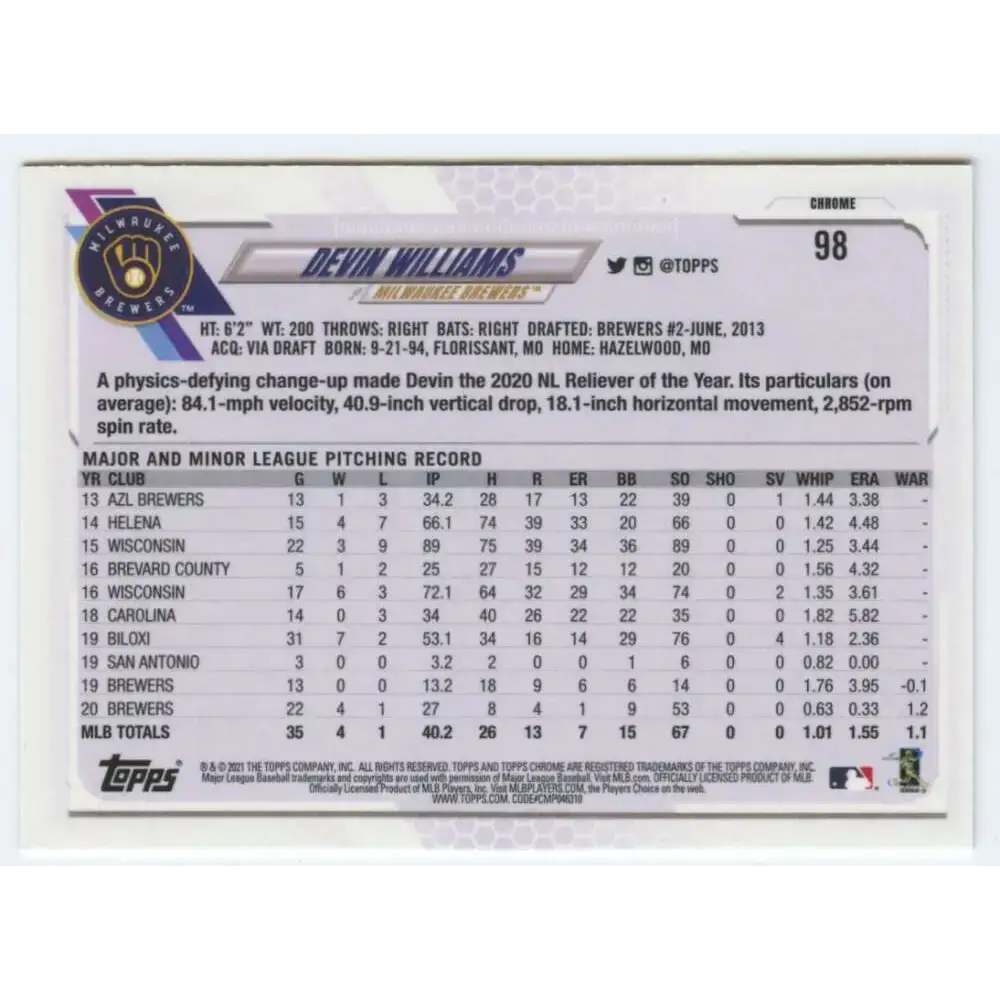 2021 Topps Chrome #98 Devin Williams NM-MT Milwaukee Brewers Baseball Card - Baseball Card Single