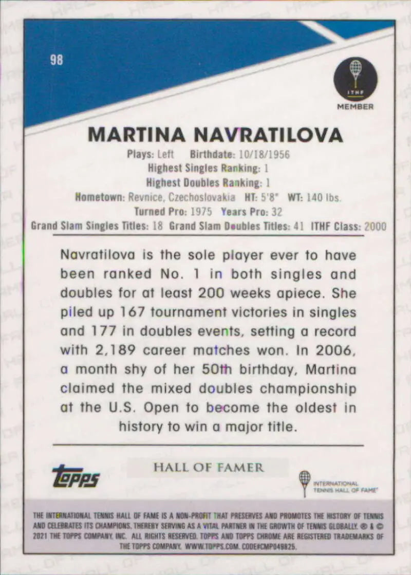 2021 Topps Chrome #98 Martina Navratilova EX Excellent Tennis Card - Other