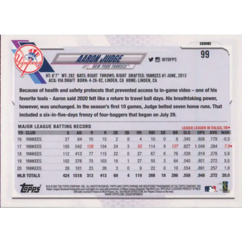 2021 Topps Chrome #99 Aaron Judge NM-MT New York Yankees Baseball Card - Baseball Card Single