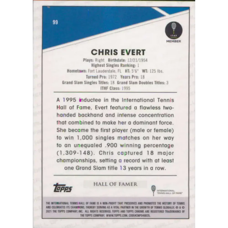 2021 Topps Chrome #99 Chris Evert NM-MT Tennis Card - Other