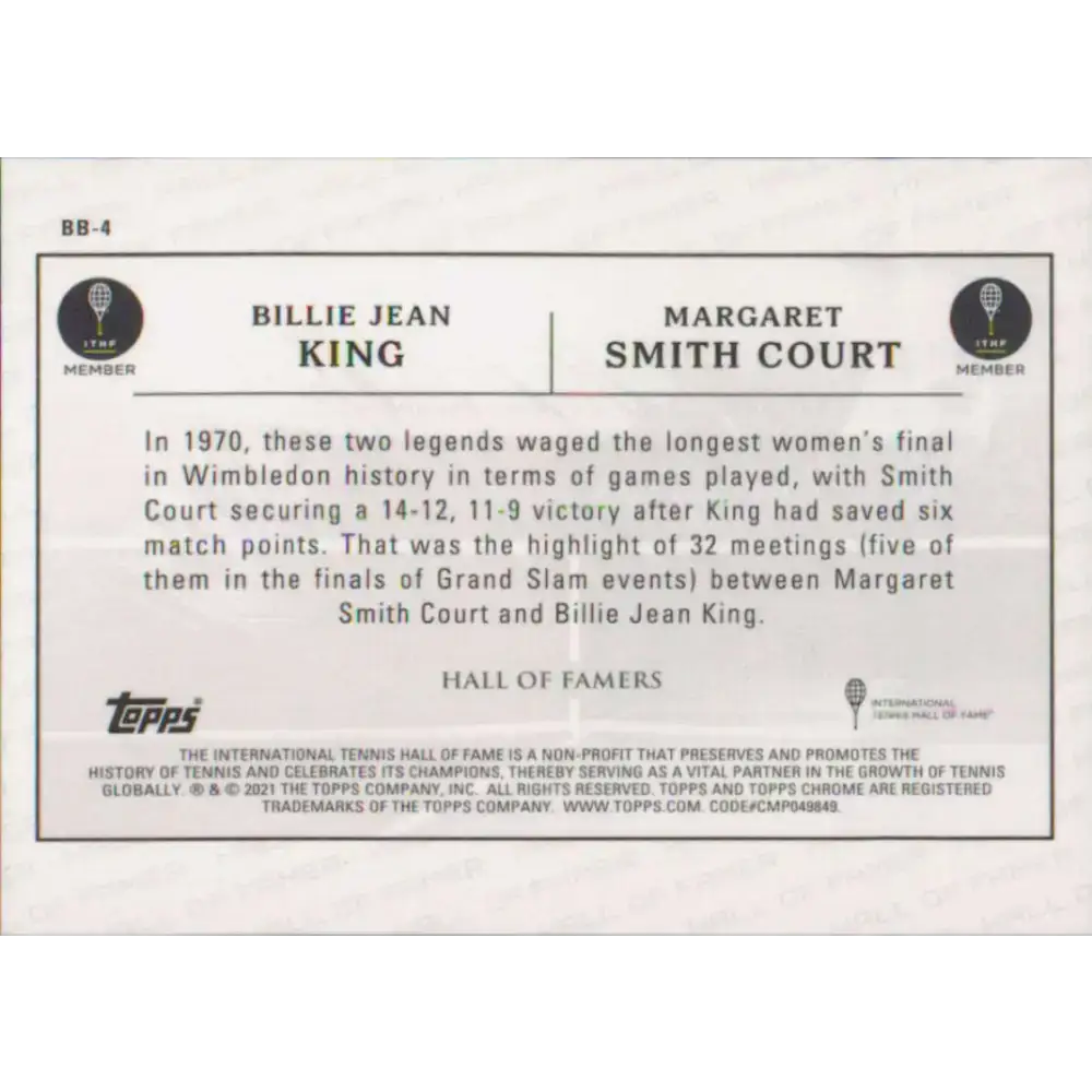 2021 Topps Chrome Battle of the Baselines Refractor #BB-4 Billie Jean King/Margaret Smith Court NM-MT Tennis Card