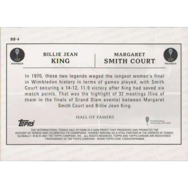 2021 Topps Chrome Battle of the Baselines Refractor #BB-4 Billie Jean King/Margaret Smith Court NM-MT Tennis Card