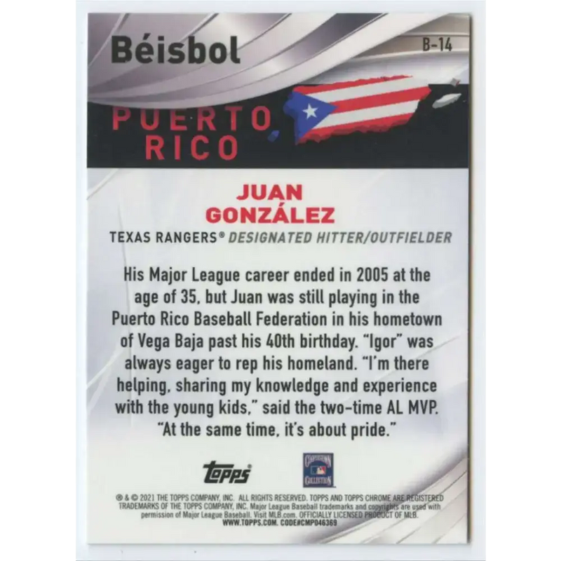 2021 Topps Chrome Beisbol Refractor #B-14 Juan Gonzalez NM-MT Texas Rangers Baseball Card - Baseball Card Single