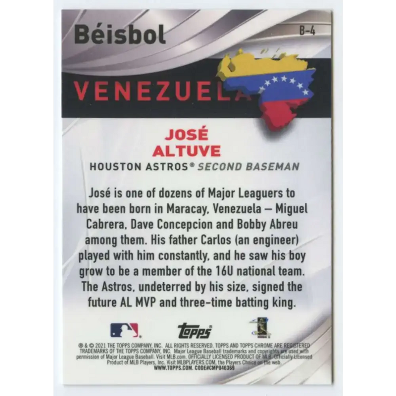 2021 Topps Chrome Beisbol Refractor #B-4 Jose Altuve NM-MT Houston Astros Baseball Card - Baseball Card Single