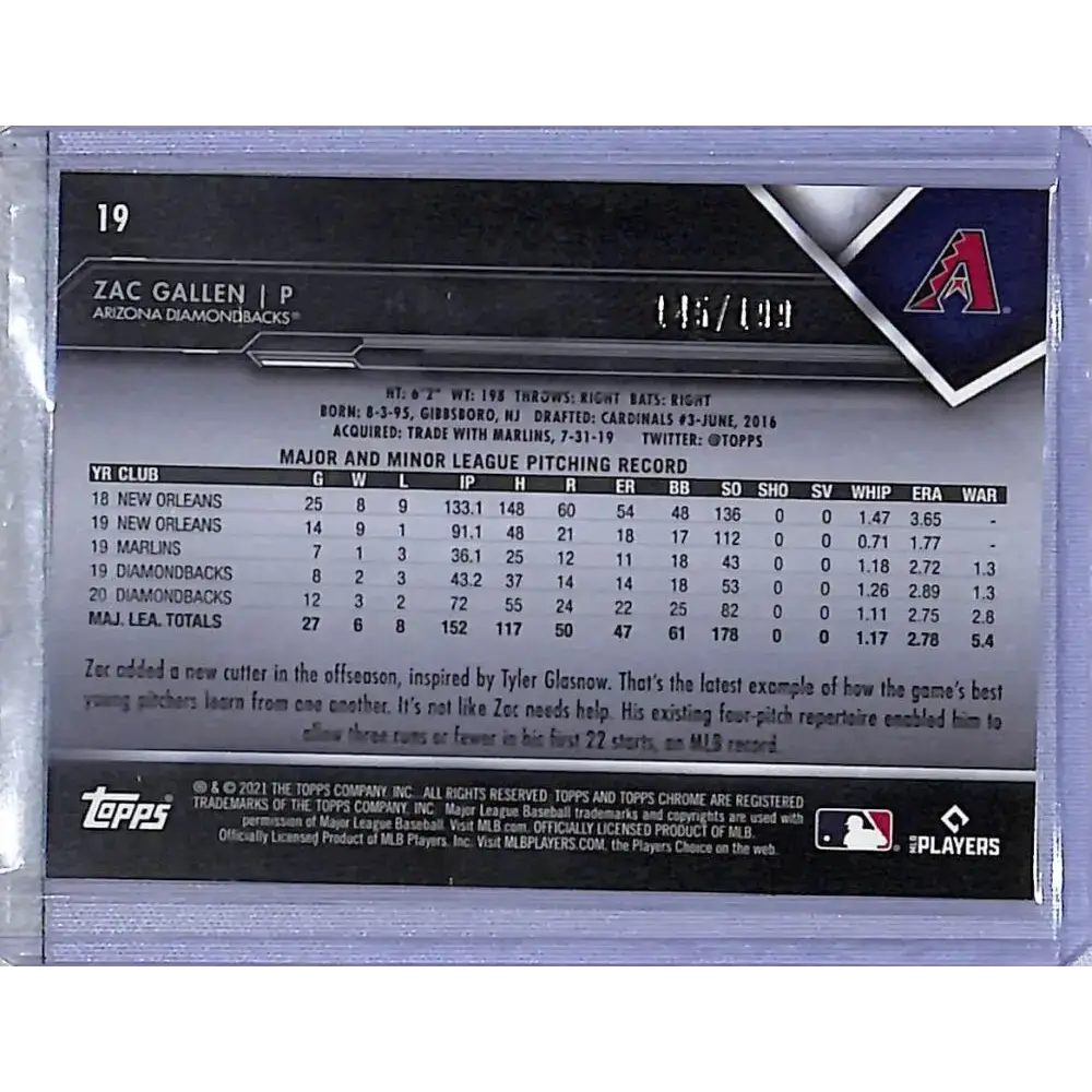 2021 Topps Chrome Black #19 Zac Gallen NM-MT 145/199 Arizona Diamondbacks - Baseball Card Single