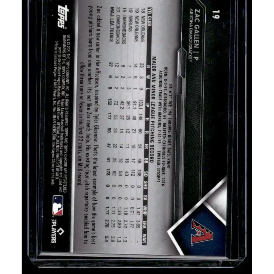 2021 Topps Chrome Black #19 Zac Gallen NM/MT Arizona Diamondbacks Baseball Card - Baseball Card Single