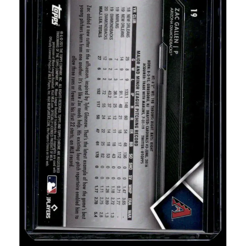 2021 Topps Chrome Black #19 Zac Gallen NM/MT Arizona Diamondbacks Baseball Card - Baseball Card Single