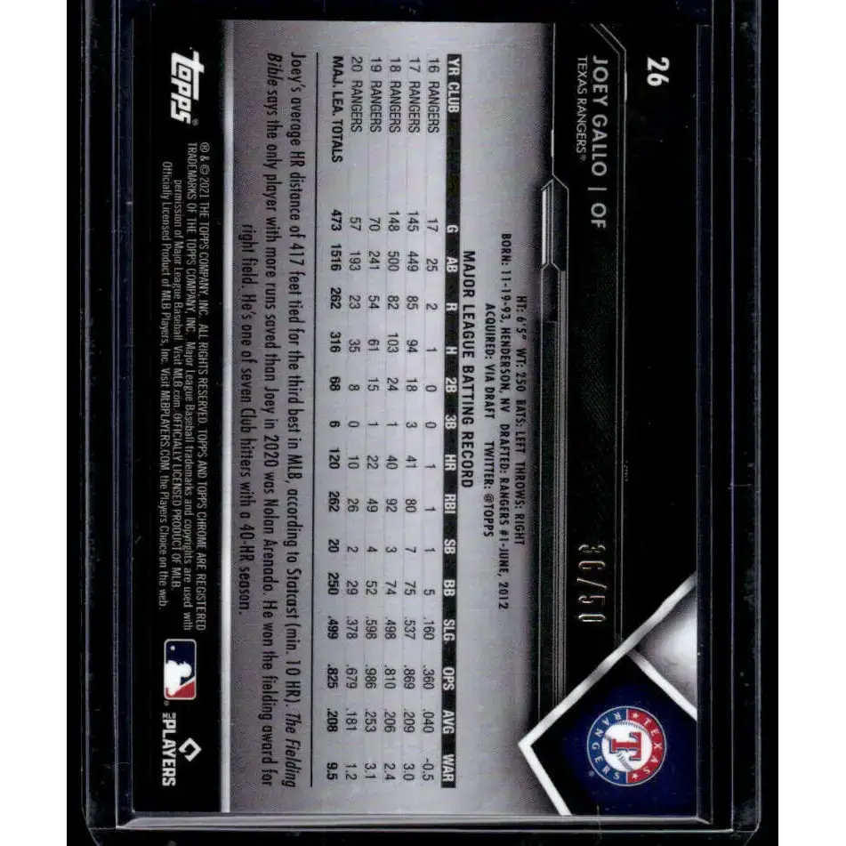 2021 Topps Chrome Black #26 36/50 Joey Gallo NM/MT Texas Rangers Baseball Card - Baseball Card Single