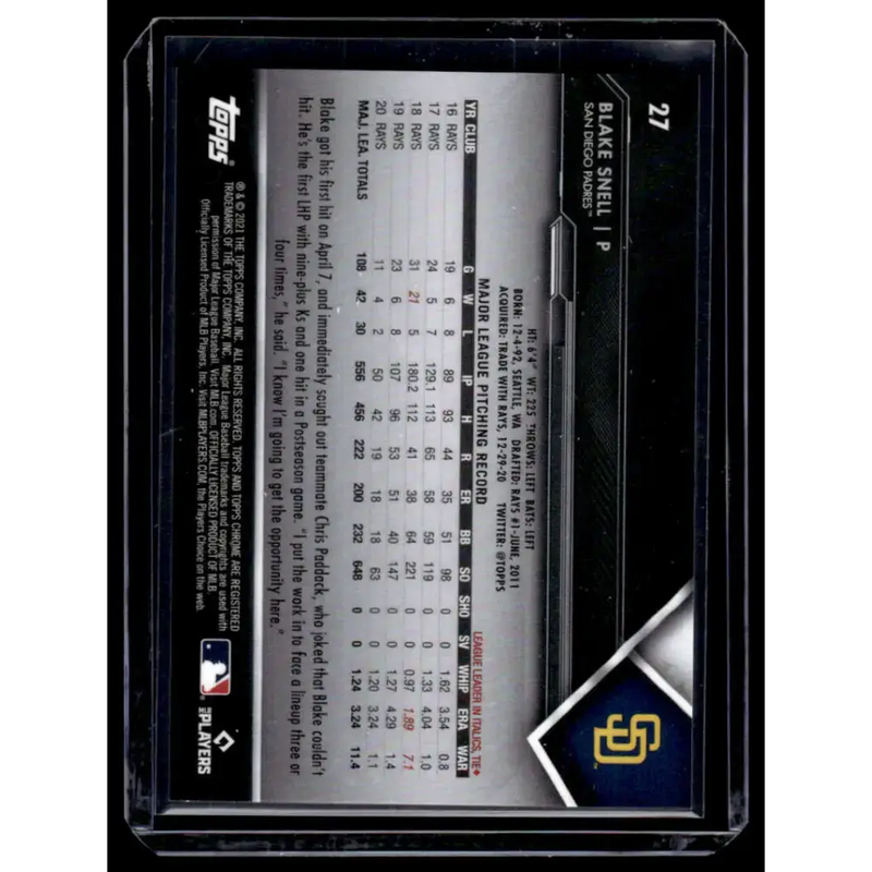 2021 Topps Chrome Black #27 Blake Snell NM/MT San Diego Padres Baseball Card - Baseball Card Single
