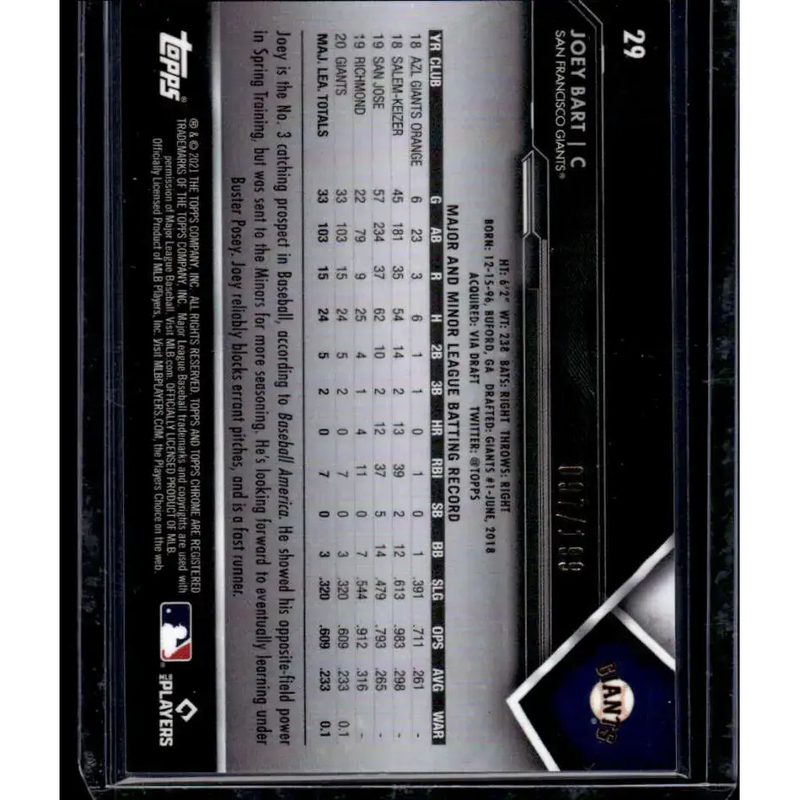 2021 Topps Chrome Black #29 97/199 Joey Bart NM/MT San Francisco Giants Baseball Card - Baseball Card Single