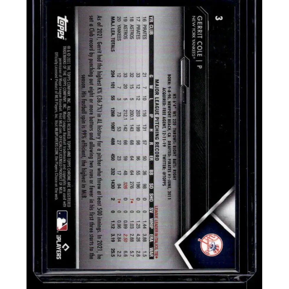 2021 Topps Chrome Black #3 Gerrit Cole NM/MT New York Yankees Baseball Card - Baseball Card Single