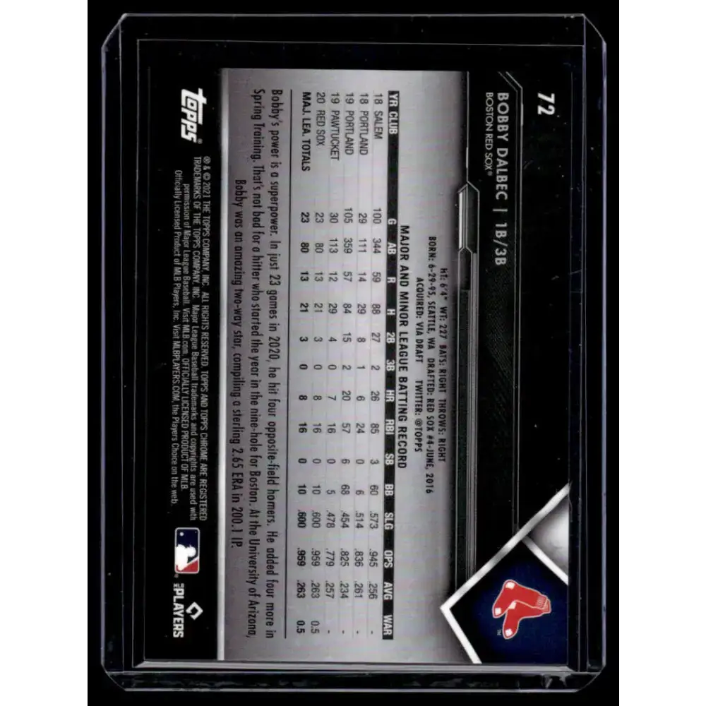 2021 Topps Chrome Black #72 Bobby Dalbec NM/MT Boston Red Sox Baseball Card - Baseball Card Single